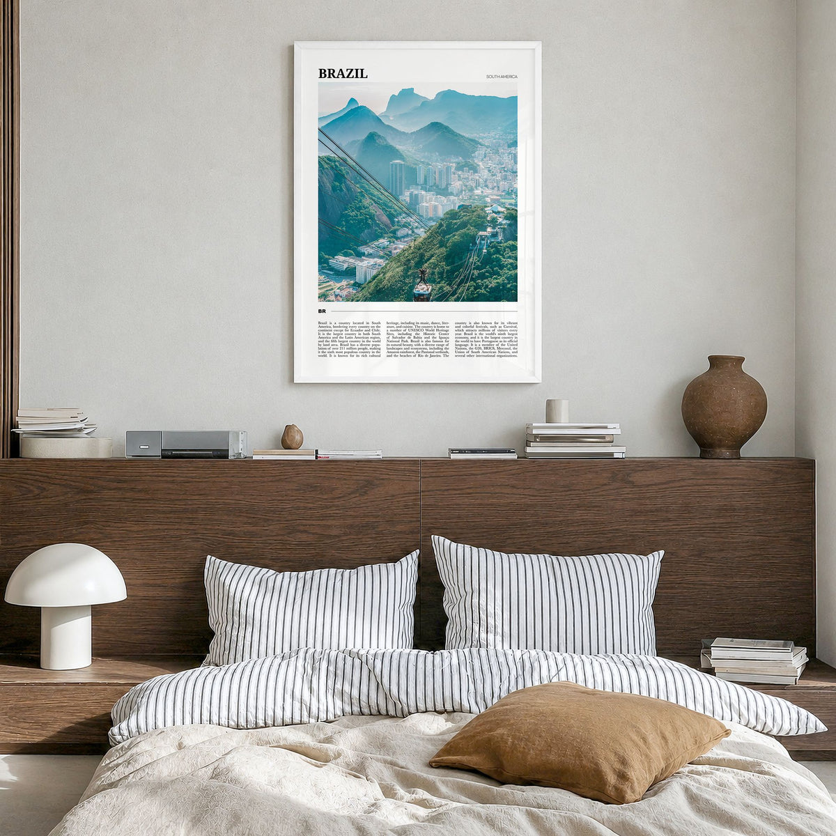 Brazil Travel No 1 Poster in a white wood frame, hanging in a bedroom