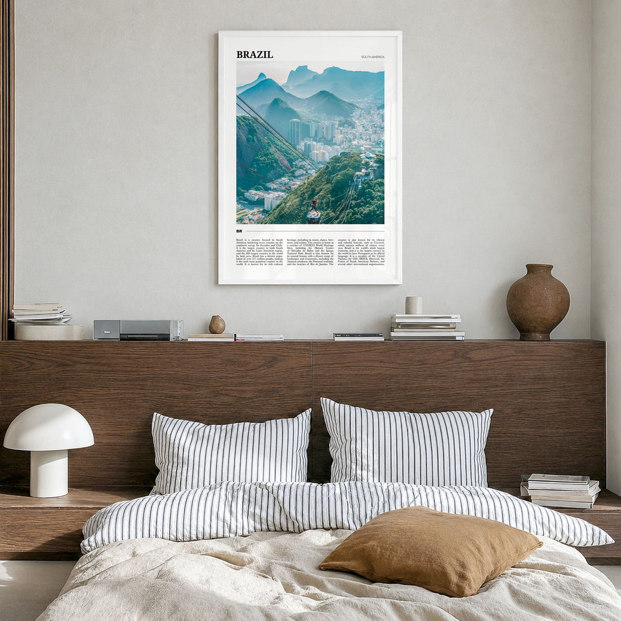 Brazil Travel No 1 Poster in a white wood frame, hanging in a bedroom