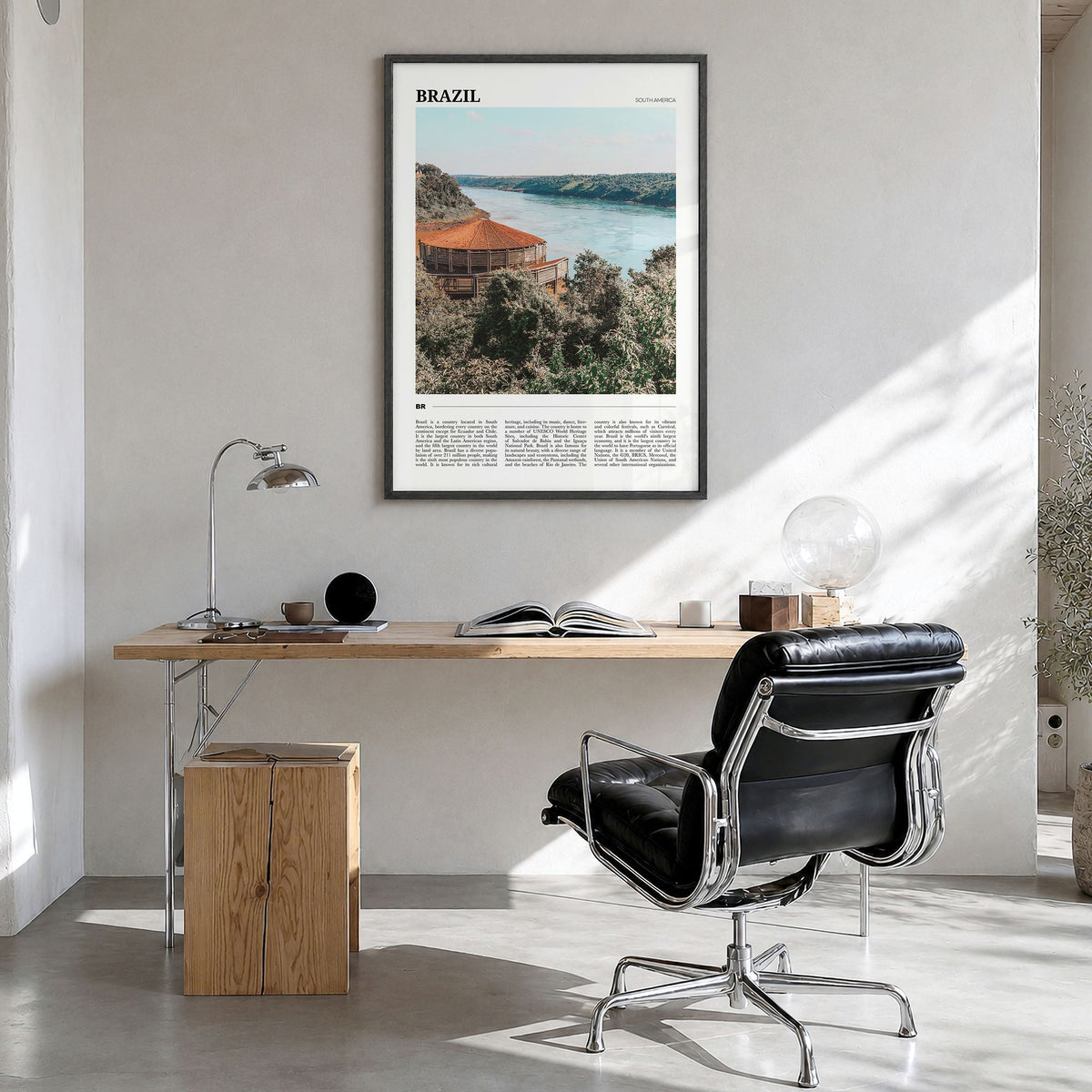 Brazil Travel No 2 Poster in a black wood frame, hanging in a bright home office