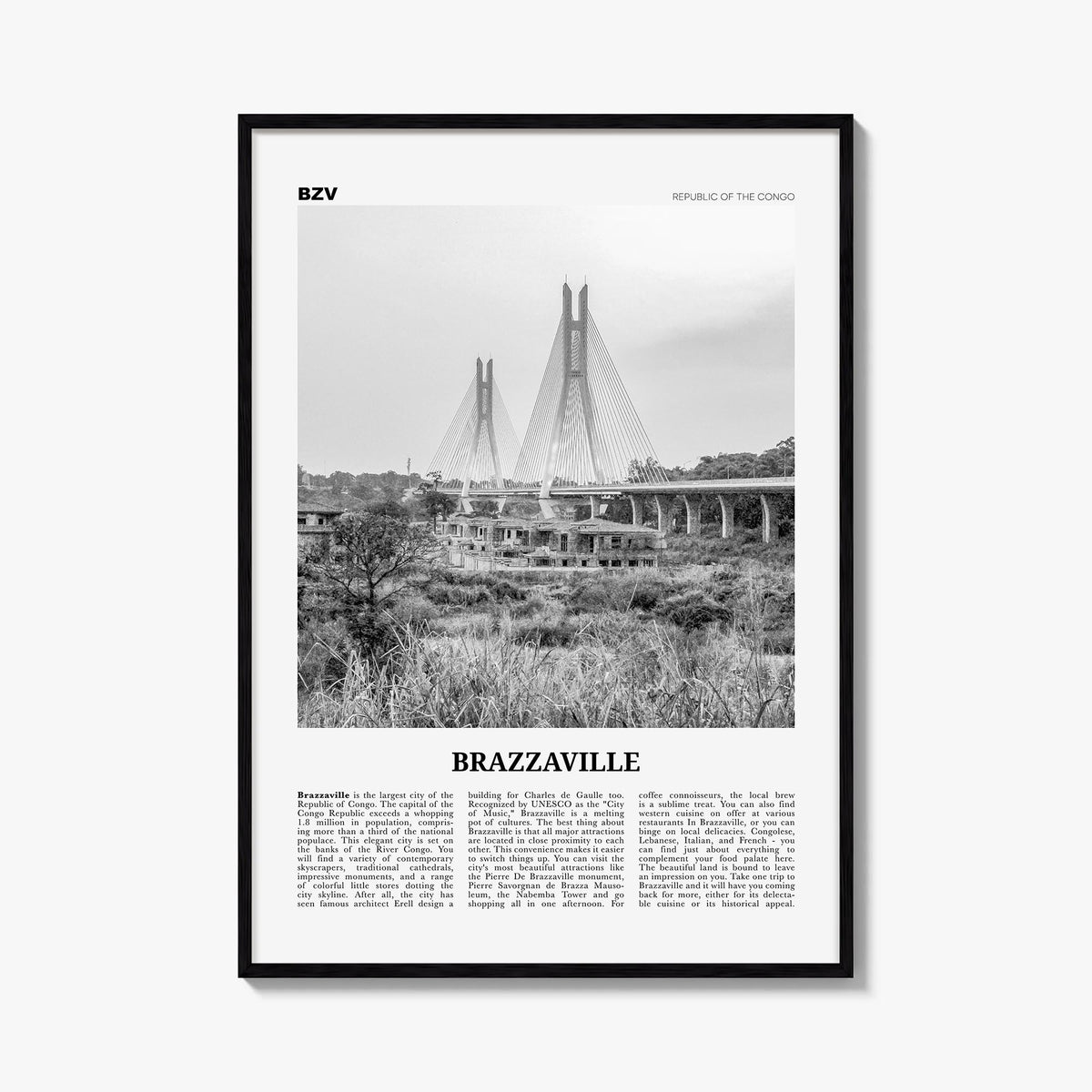 Brazzaville black & white newspaper poster of Republic of the Congo – vertical wall art, unframed print shown in interior moc