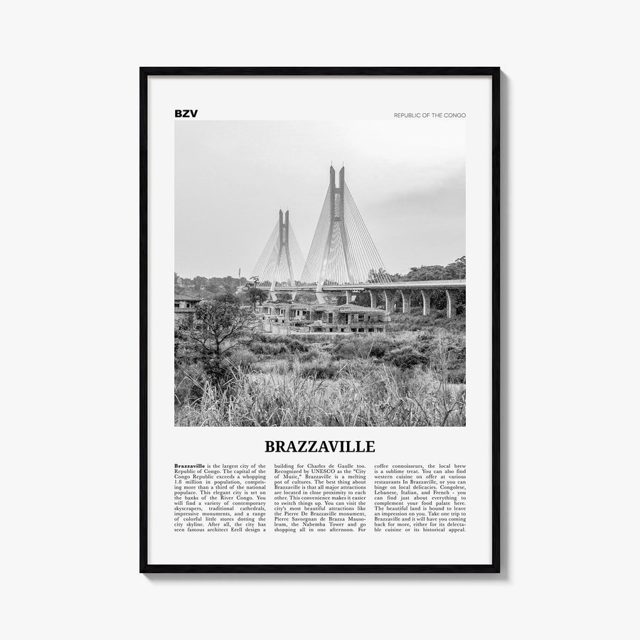 Brazzaville black & white newspaper poster of Republic of the Congo – vertical wall art, unframed print shown in interior moc