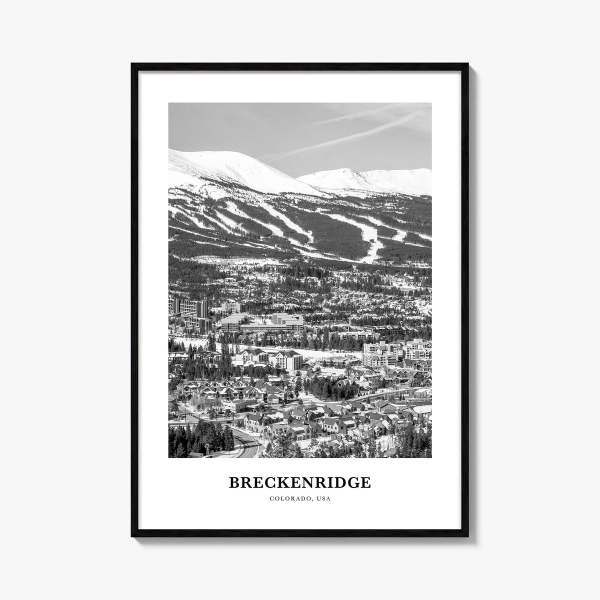 Breckenridge black & white classic poster of Colorado, USA – vertical wall art, unframed print shown in interior mockup