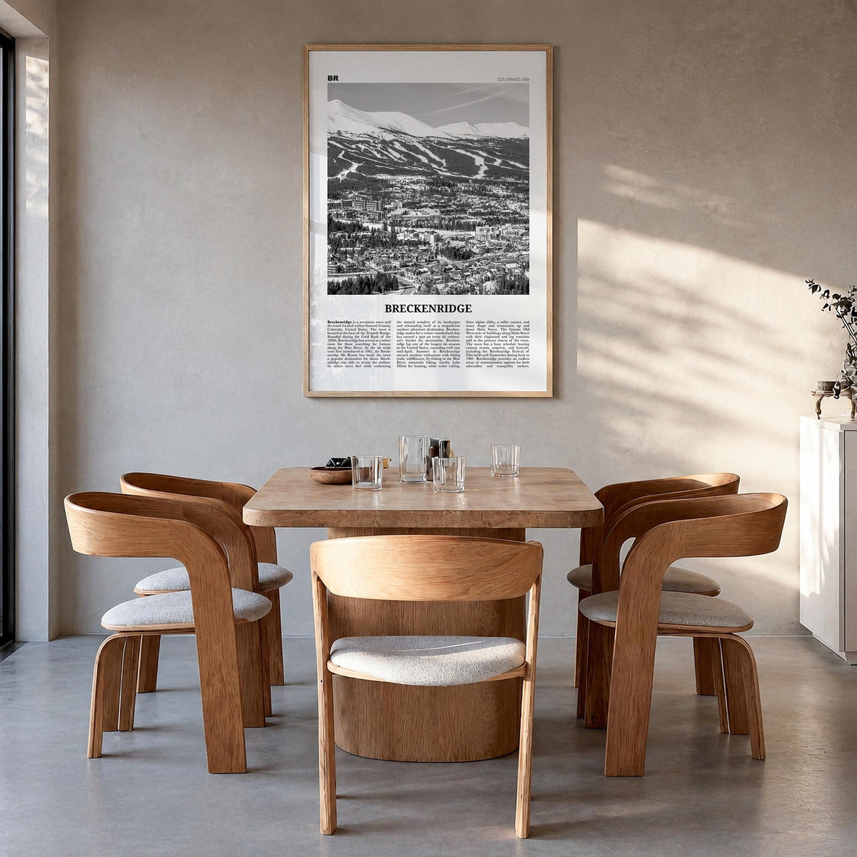 Breckenridge black & white newspaper poster of Colorado, USA – vertical wall art in natural wood frame, hanging on wall