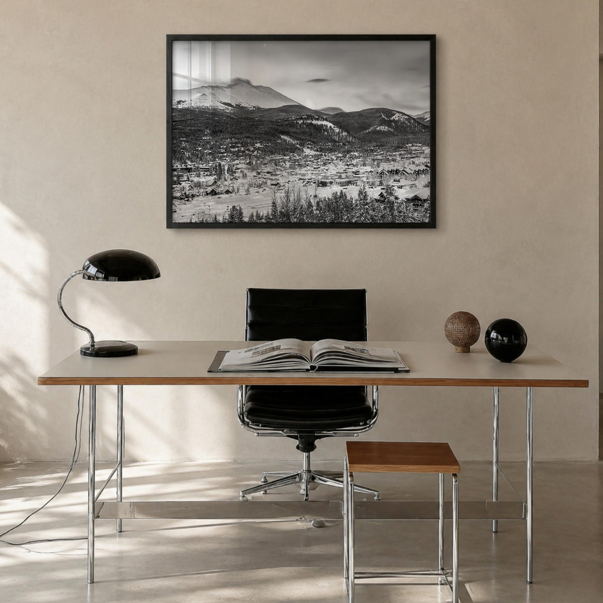 Breckenridge black & white photo poster of Colorado, USA – horizontal wall art in black wood frame, hanging on wall