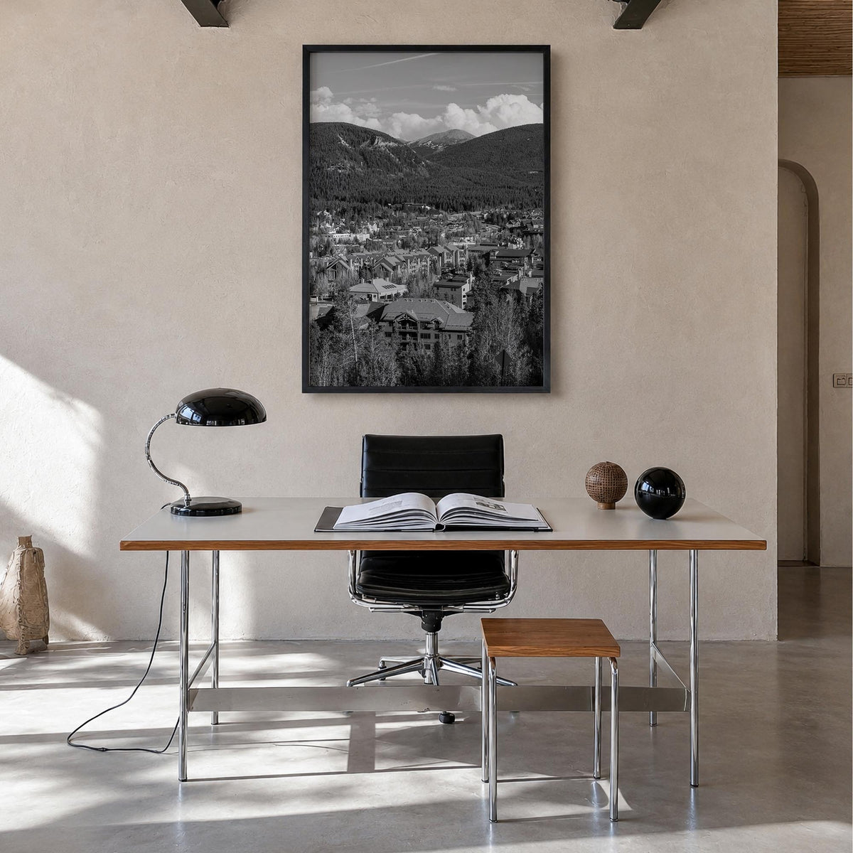 Breckenridge black & white photo poster of Colorado, USA – vertical wall art in black wood frame, hanging on wall