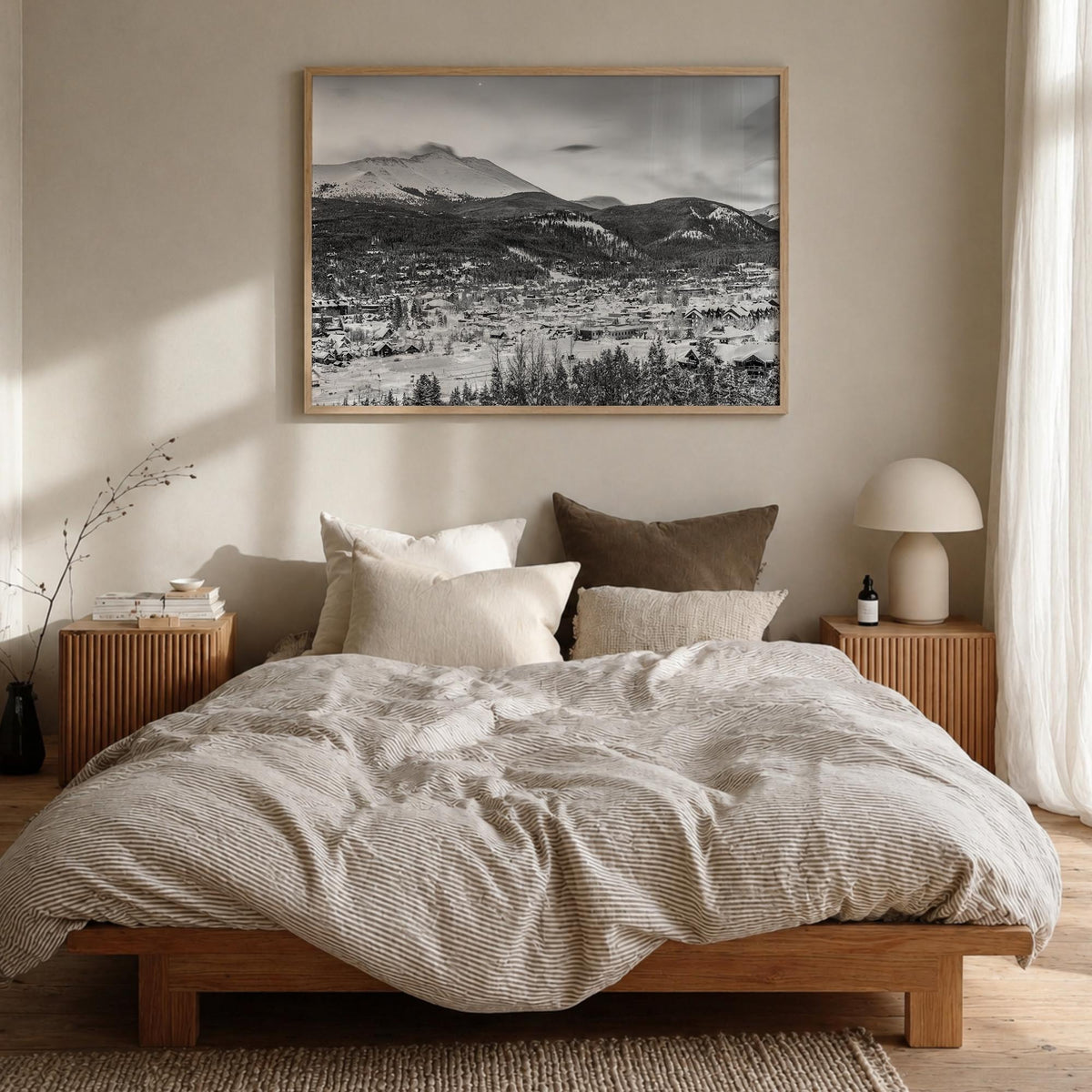 Breckenridge black & white photo poster of Colorado, USA – horizontal wall art in natural wood frame, hanging on wall