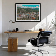 Breckenridge colorful photo poster of Colorado, USA – horizontal wall art in black wood frame with white border, hanging on w
