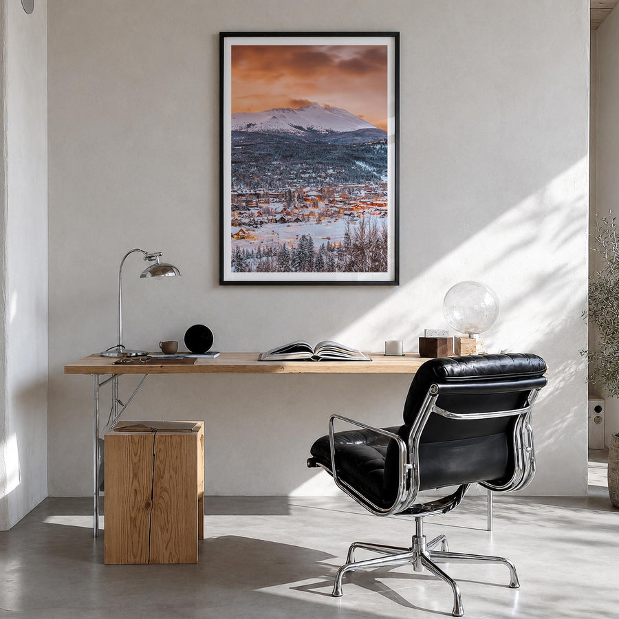 Breckenridge colorful photo poster of Colorado, USA – vertical wall art in black wood frame with white border, hanging on wal