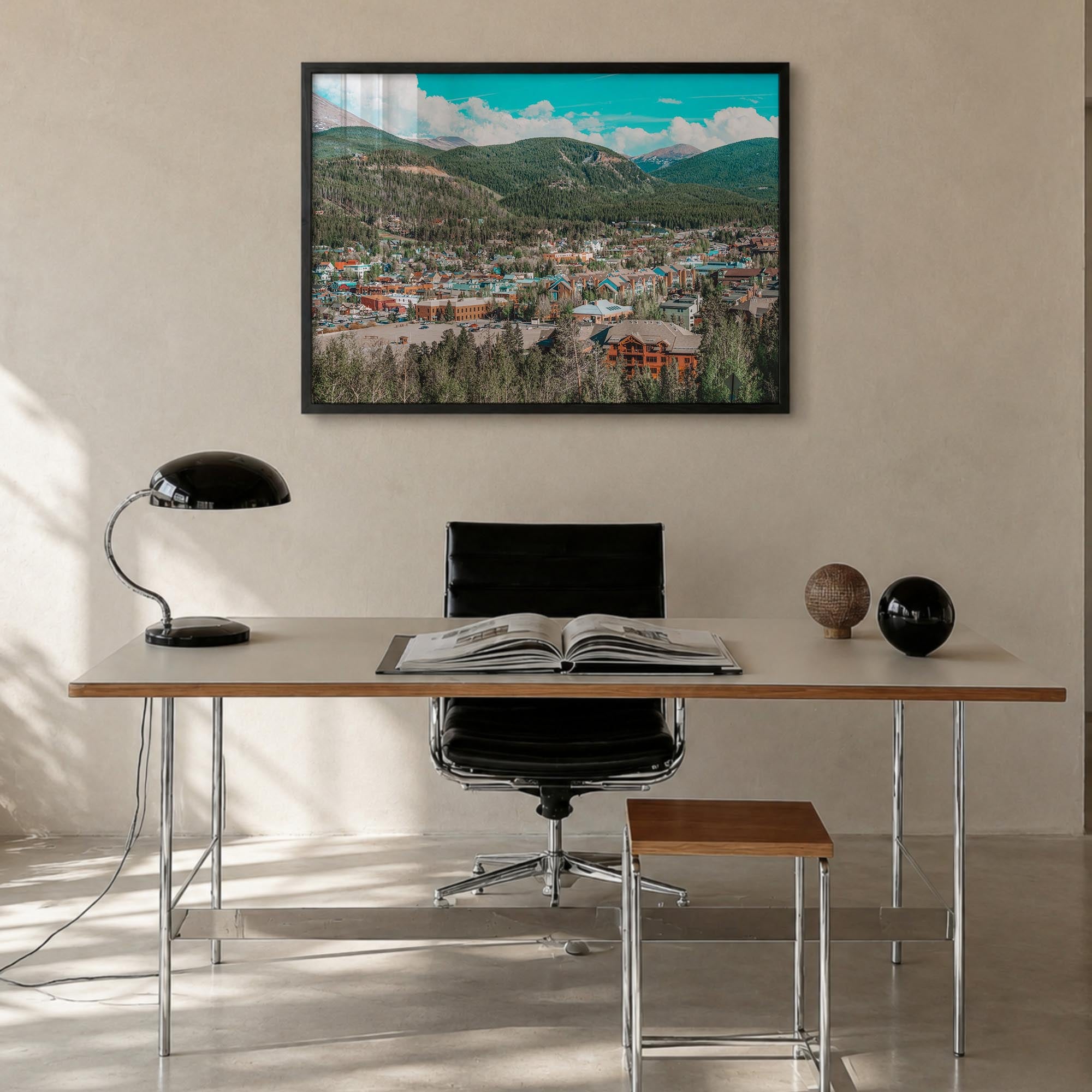 Breckenridge colorful photo poster of Colorado, USA – horizontal wall art in black wood frame, hanging on wall