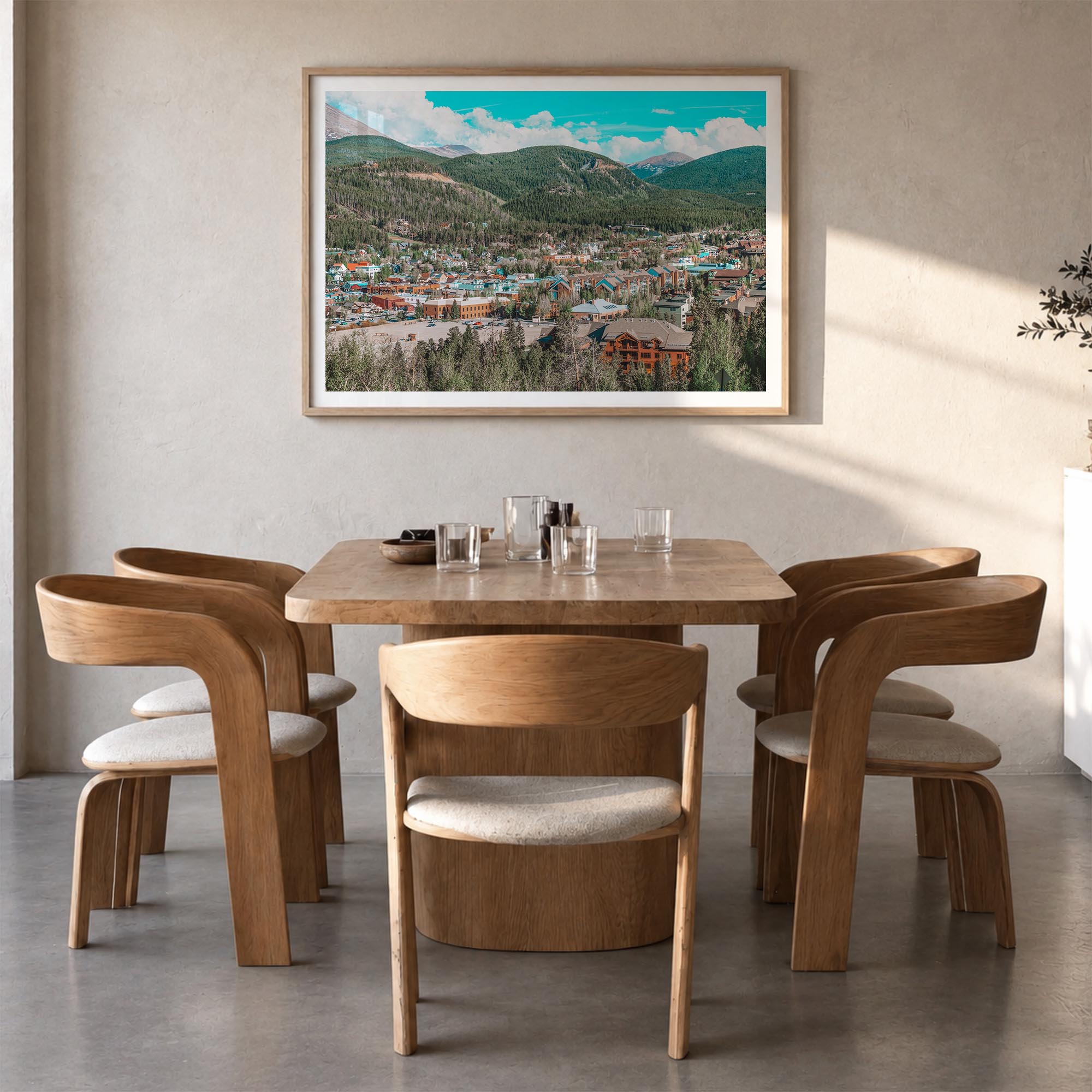 Breckenridge colorful photo poster of Colorado, USA – horizontal wall art in natural wood frame with white border, hanging on