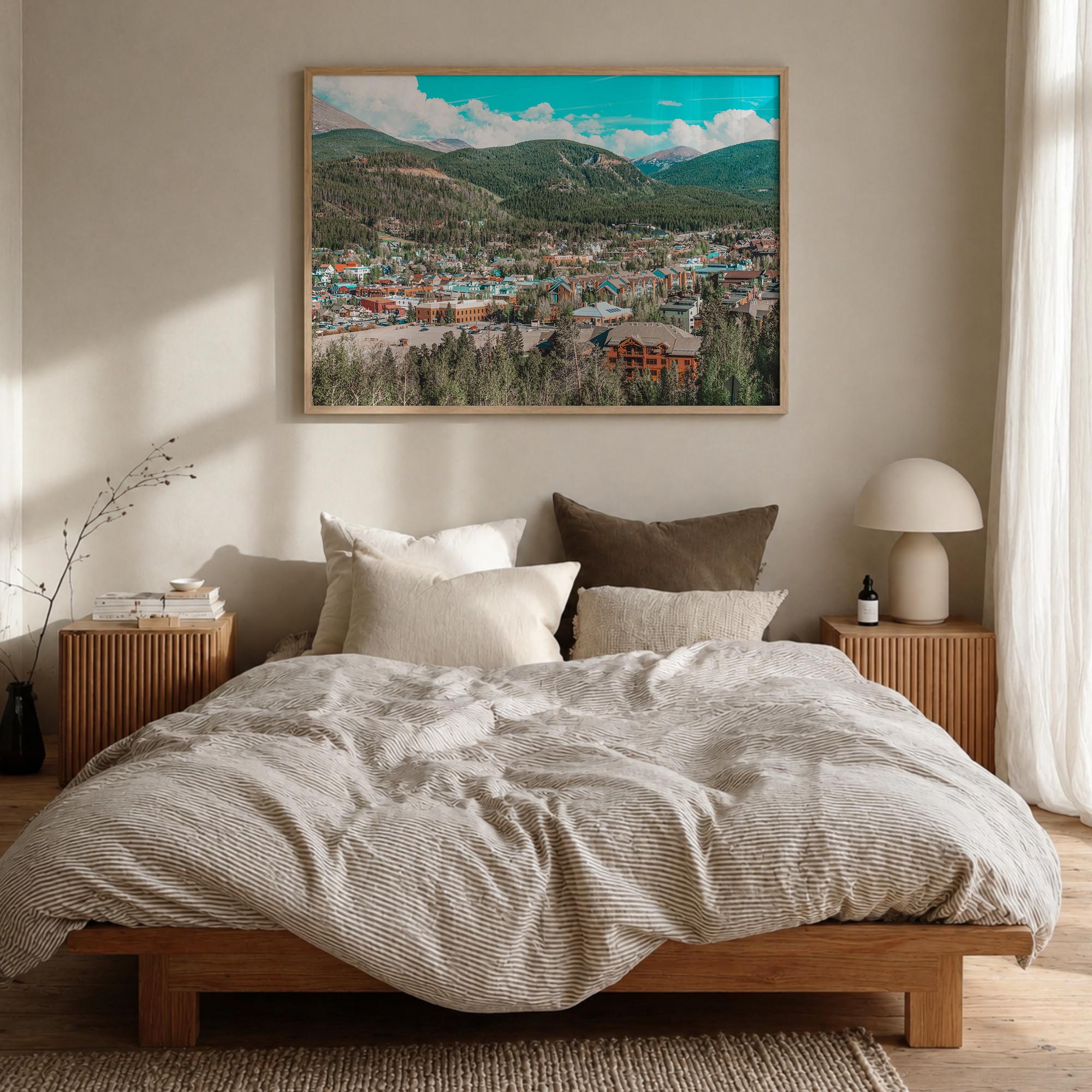 Breckenridge colorful photo poster of Colorado, USA – horizontal wall art in natural wood frame, hanging on wall