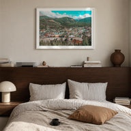 Breckenridge colorful photo poster of Colorado, USA – horizontal wall art in white wood frame with white border, hanging on w