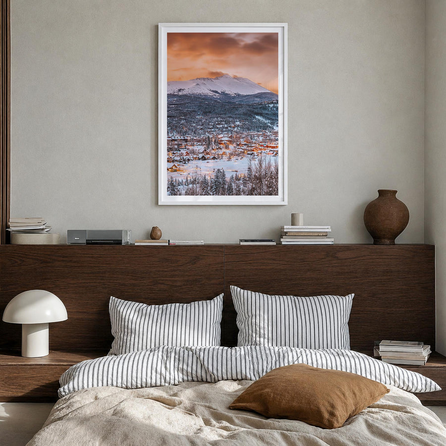 Breckenridge colorful photo poster of Colorado, USA – vertical wall art in white wood frame with white border, hanging on wal
