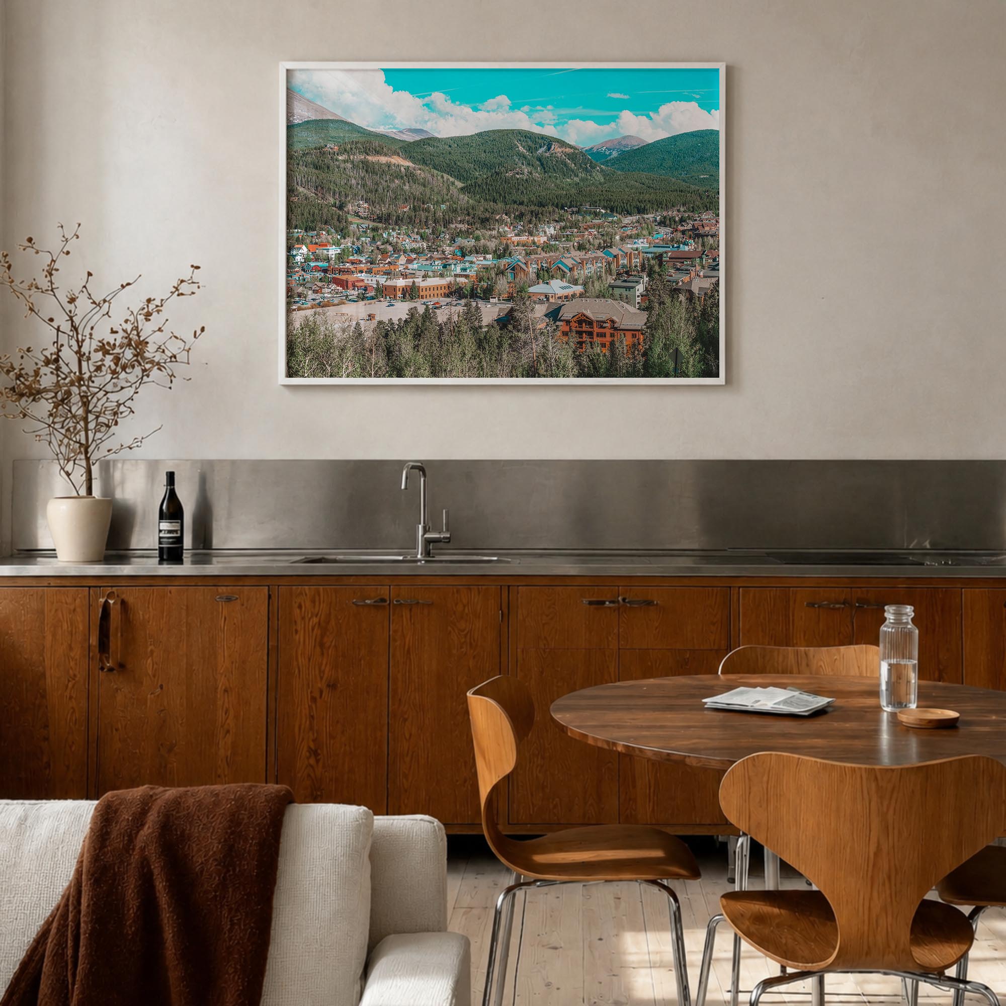 Breckenridge colorful photo poster of Colorado, USA – horizontal wall art in white wood frame, hanging on wall