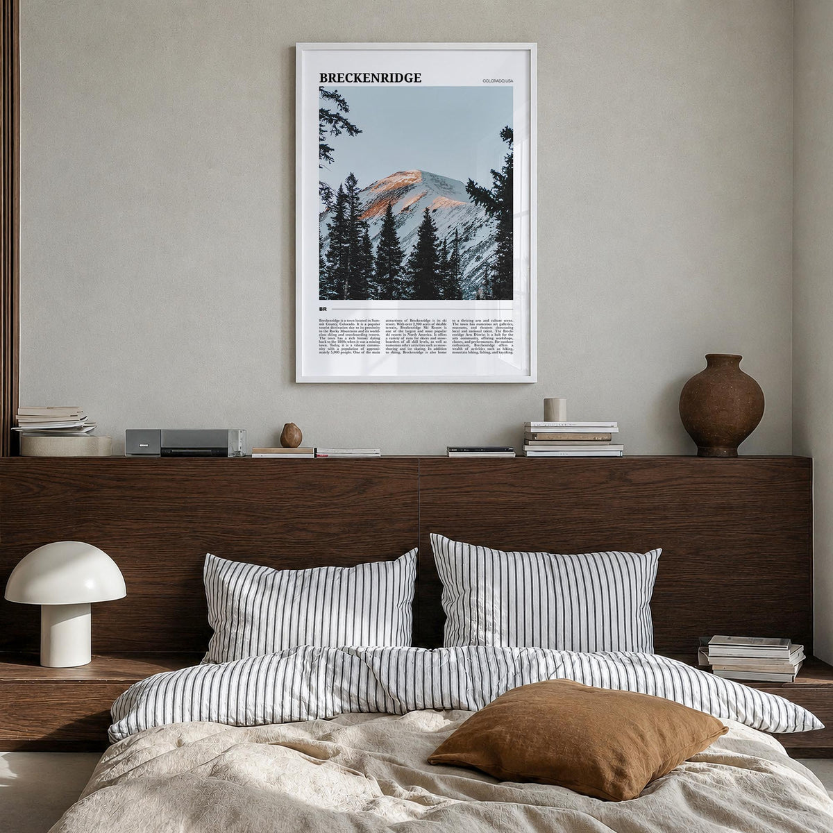 Breckenridge no. 1 colorful travel poster of Colorado, USA – vertical wall art in white wood frame, hanging on wall
