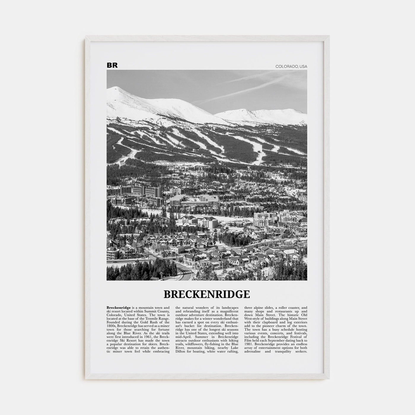 Breckenridge Poster White Wood / 8x12 in Nbourhood Travel B&W Poster