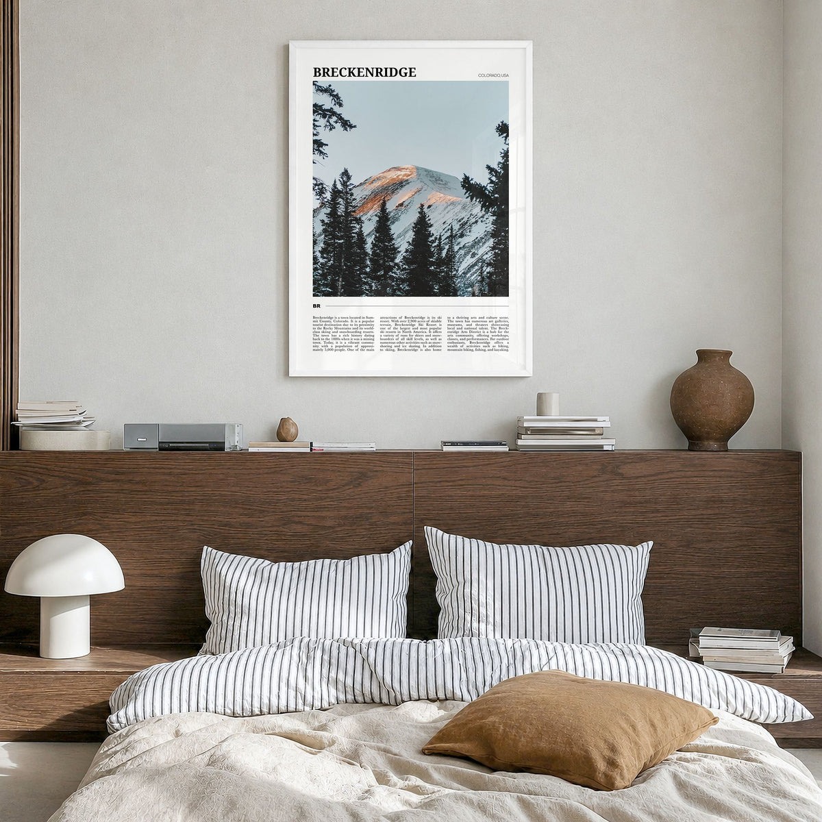 Breckenridge Travel No 1 Poster in a white wood frame, hanging in a bedroom