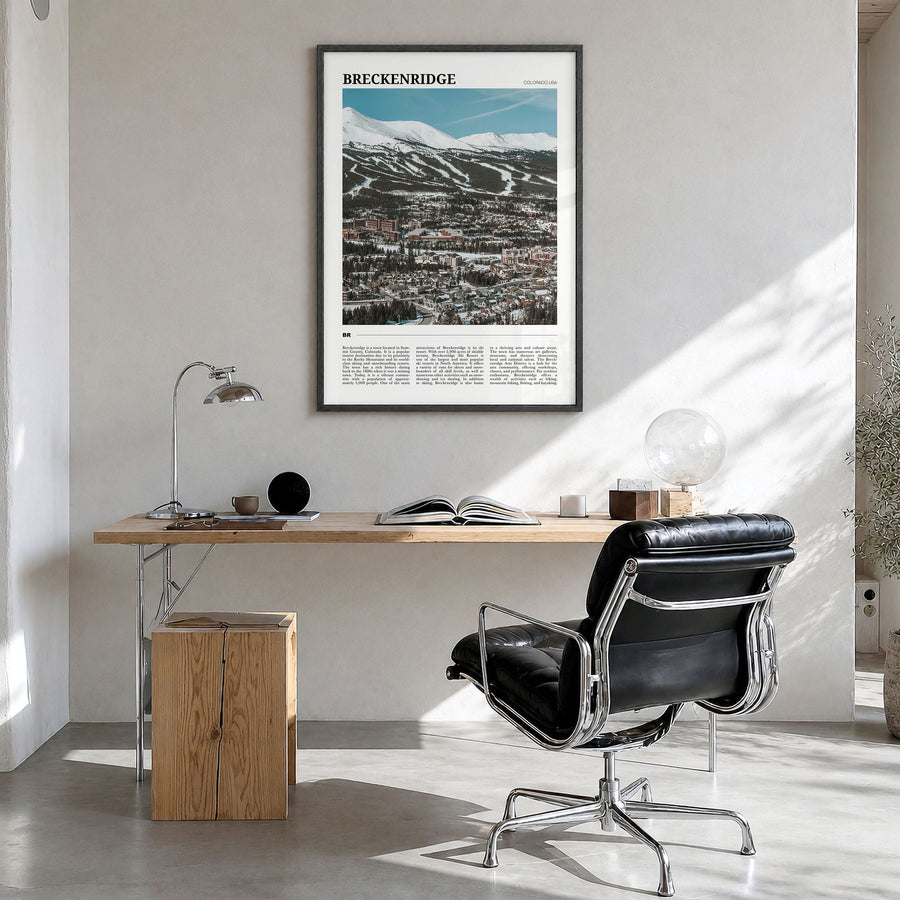 Breckenridge Travel No 2 Poster in a black wood frame, hanging in a bright home office