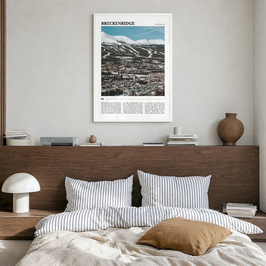 Breckenridge Travel No 2 Poster in a white wood frame, hanging in a bedroom