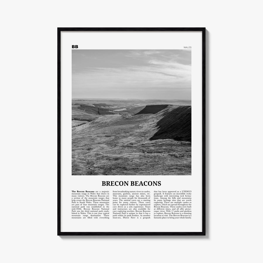 Brecon Beacons black & white newspaper poster of United Kingdom – vertical wall art, unframed print shown in interior mockup