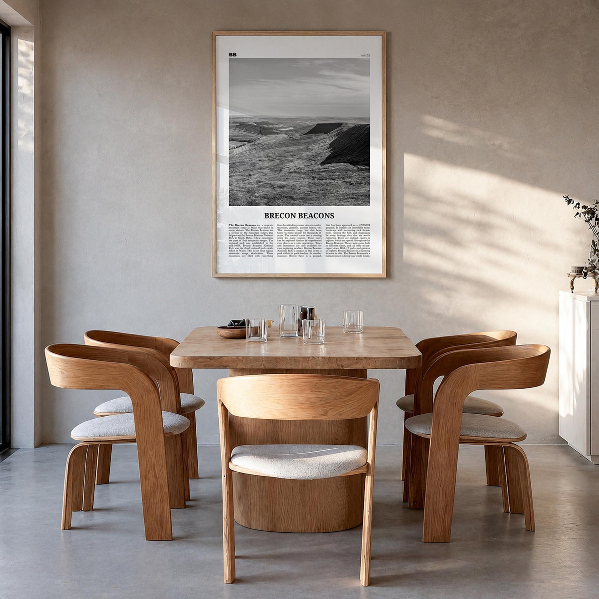 Brecon Beacons black & white newspaper poster of United Kingdom – vertical wall art in natural wood frame, hanging on wall