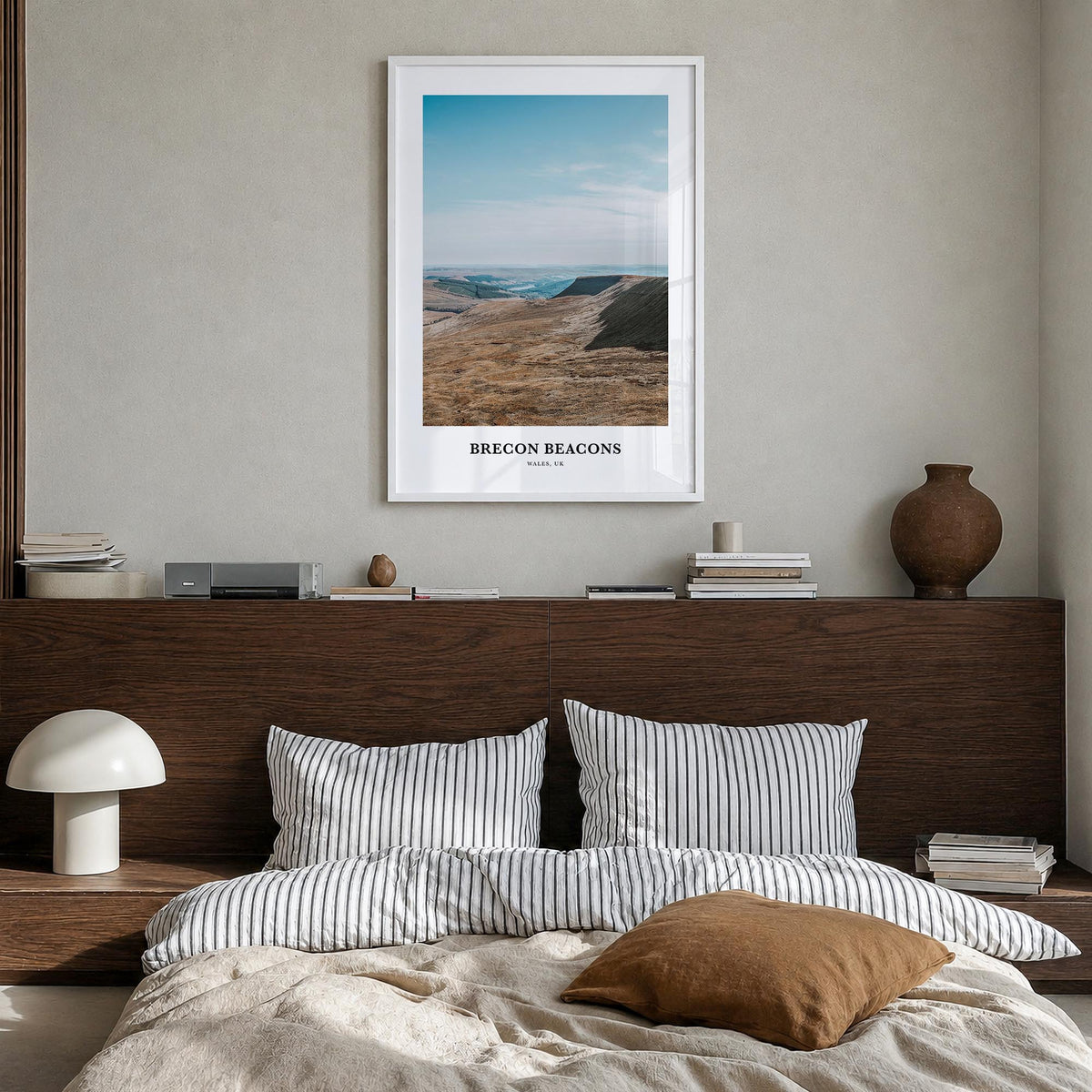 Brecon Beacons colorful classic poster of United Kingdom – vertical wall art in white wood frame, hanging on wall