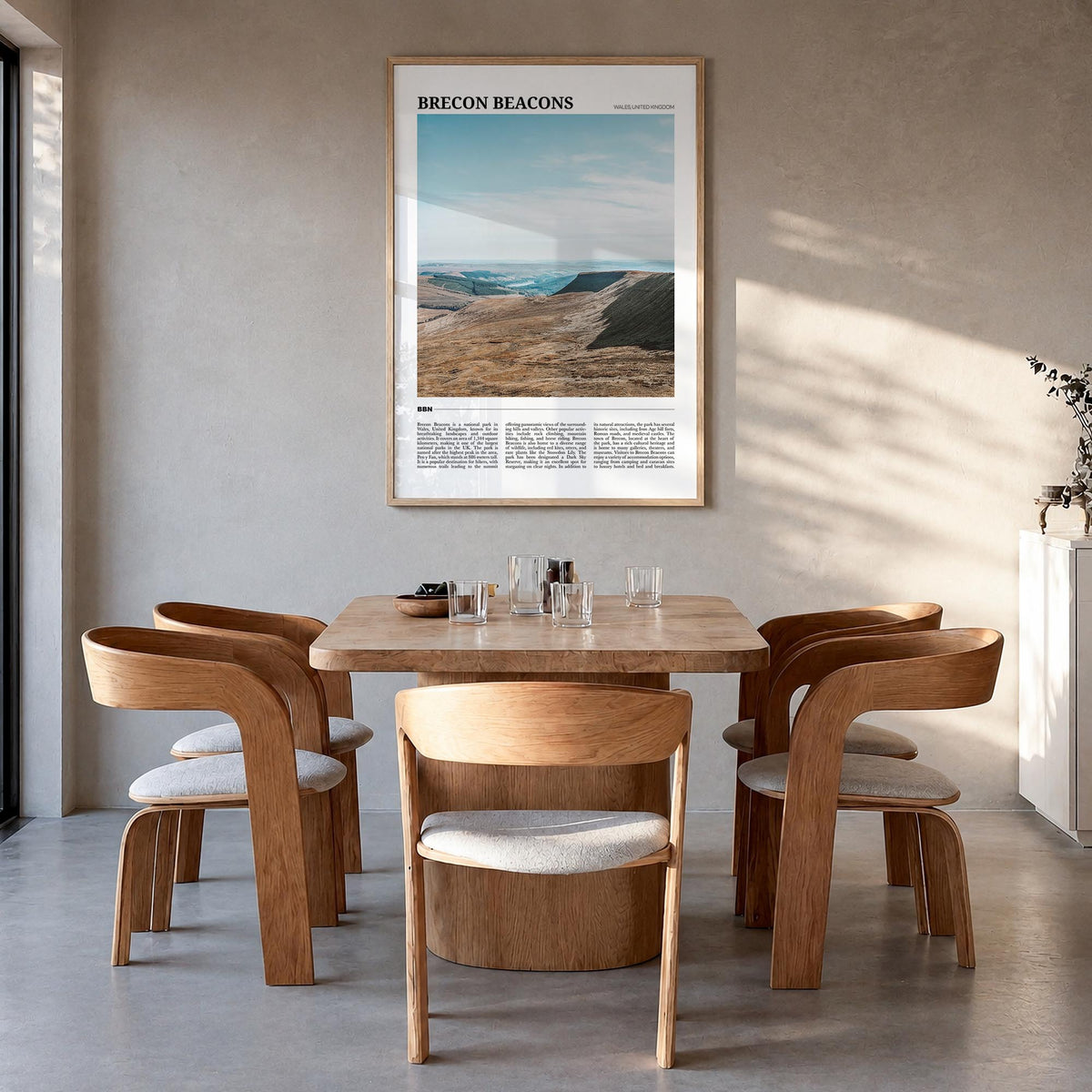 Brecon Beacons colorful travel poster of United Kingdom – vertical wall art in natural wood frame, hanging on wall