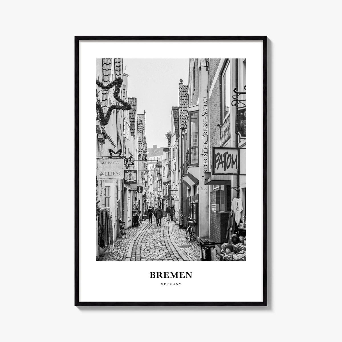 Bremen black & white classic poster of Germany – vertical wall art, unframed print shown in interior mockup