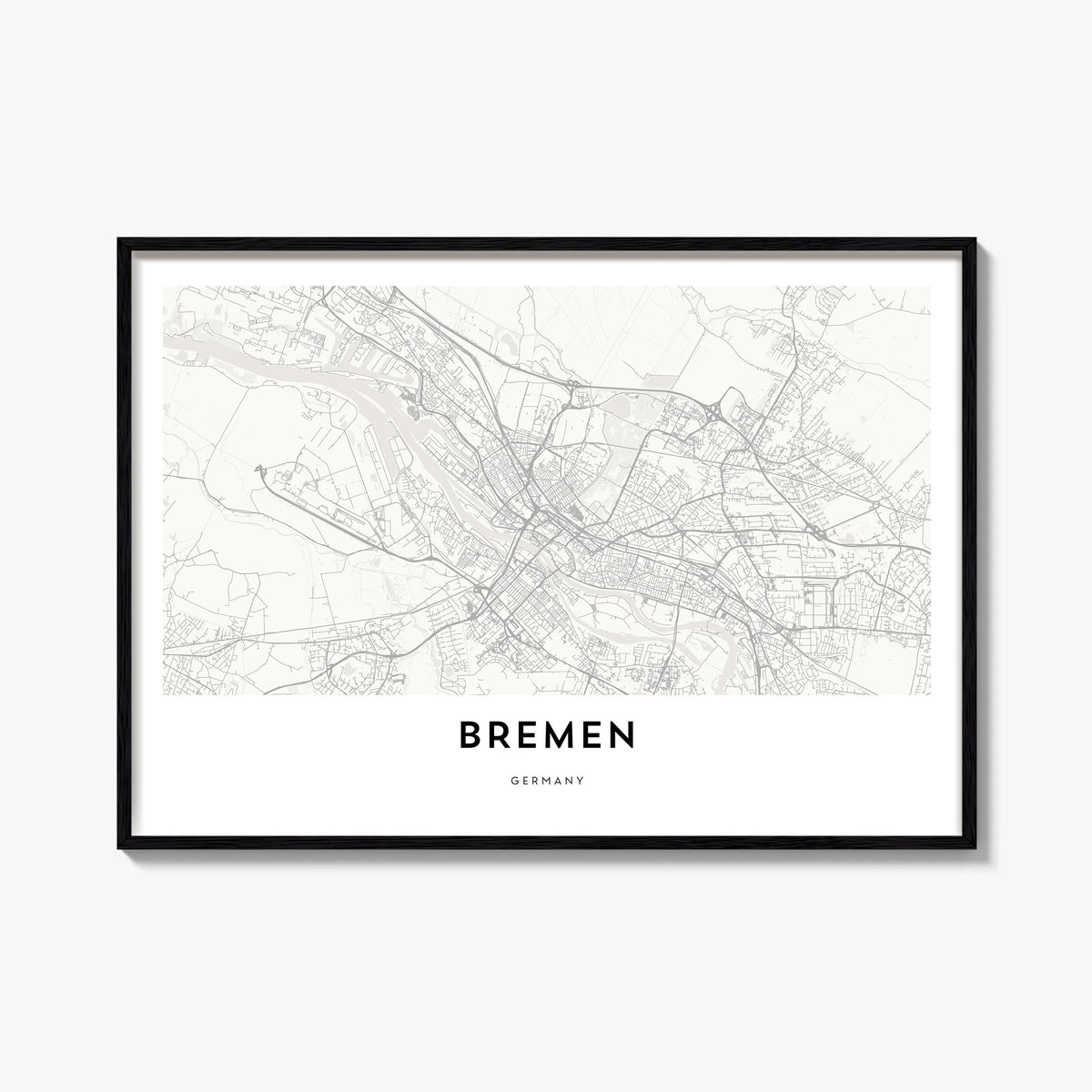Bremen black & white map poster of Germany – horizontal wall art, unframed print shown in interior mockup