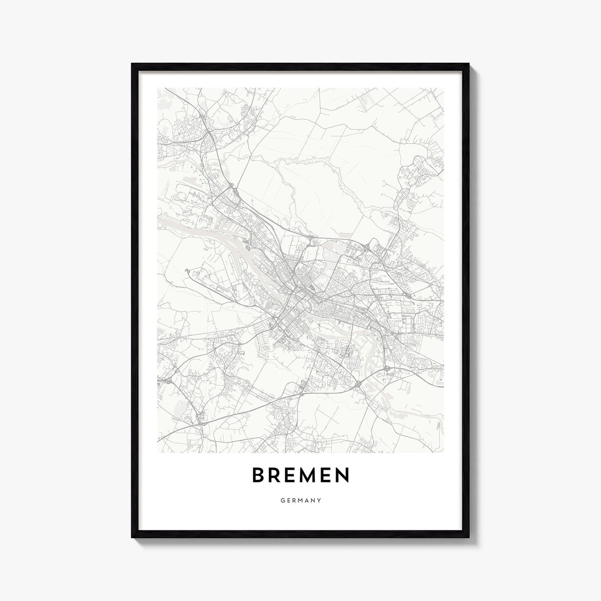 Bremen black & white map poster of Germany – vertical wall art, unframed print shown in interior mockup