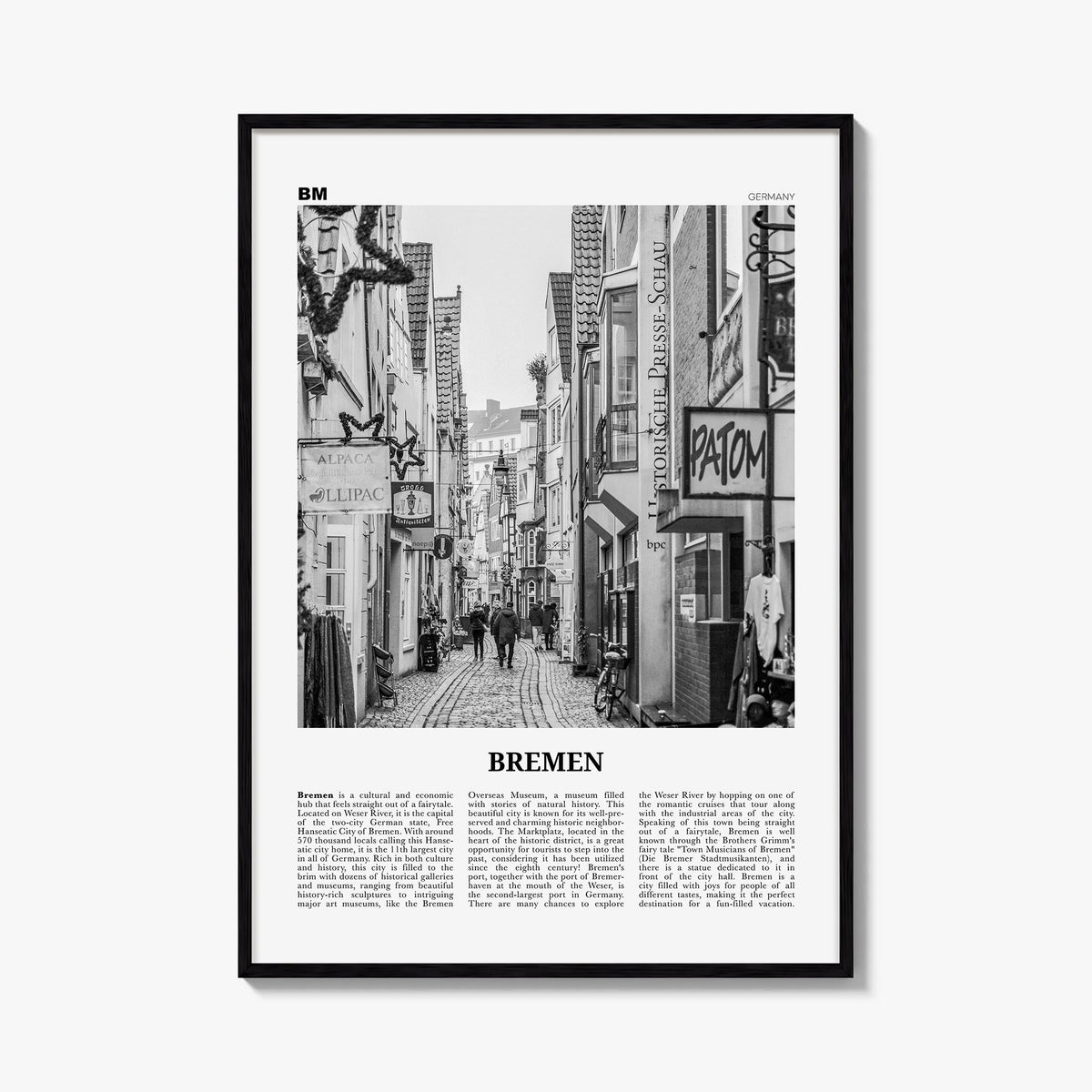 Bremen black & white newspaper poster of Germany – vertical wall art, unframed print shown in interior mockup