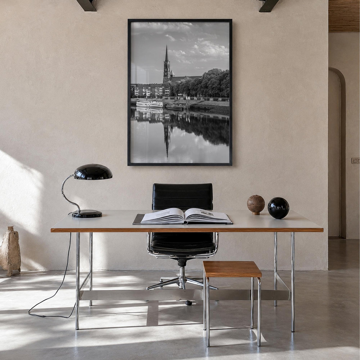 Bremen black & white photo poster of Germany – vertical wall art in black wood frame, hanging on wall