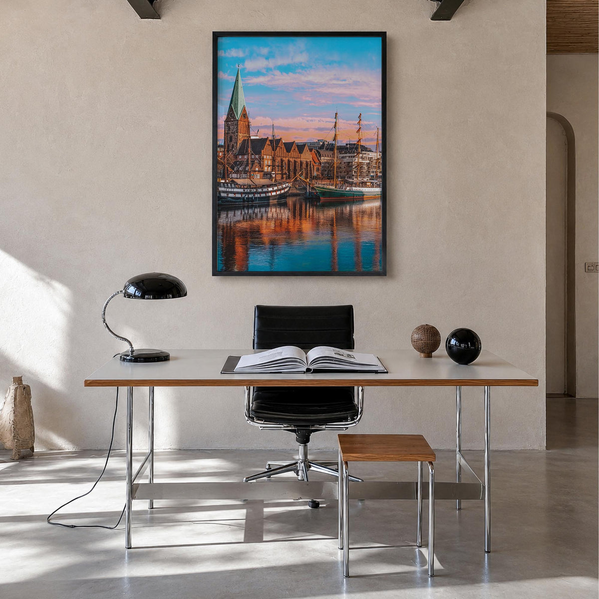 Bremen colorful photo poster of Germany – vertical wall art in black wood frame, hanging on wall