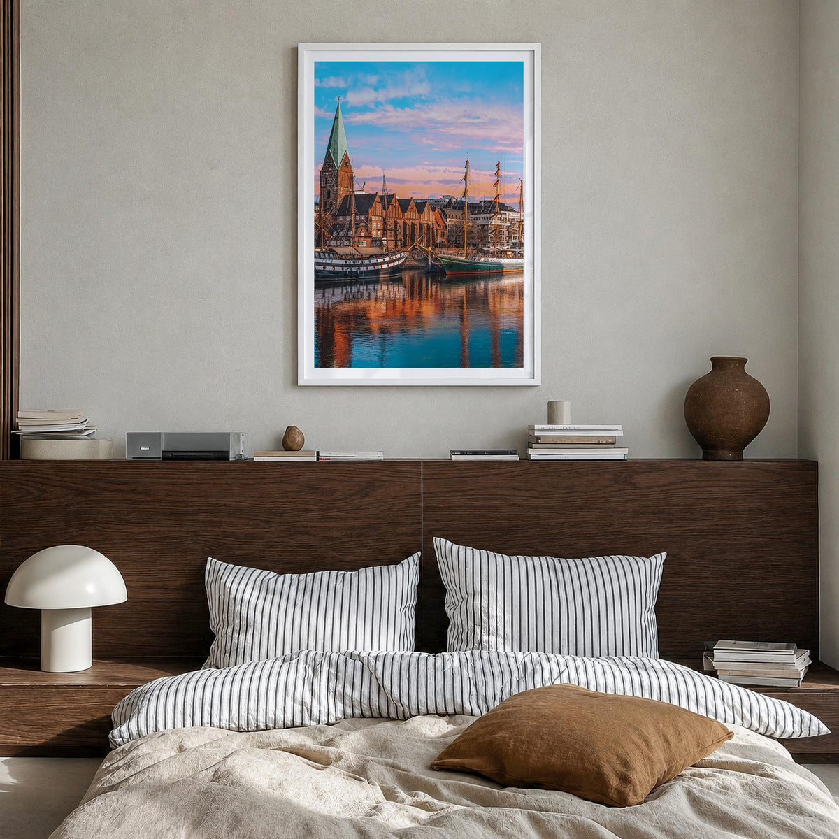 Bremen colorful photo poster of Germany – vertical wall art in white wood frame with white border, hanging on wall
