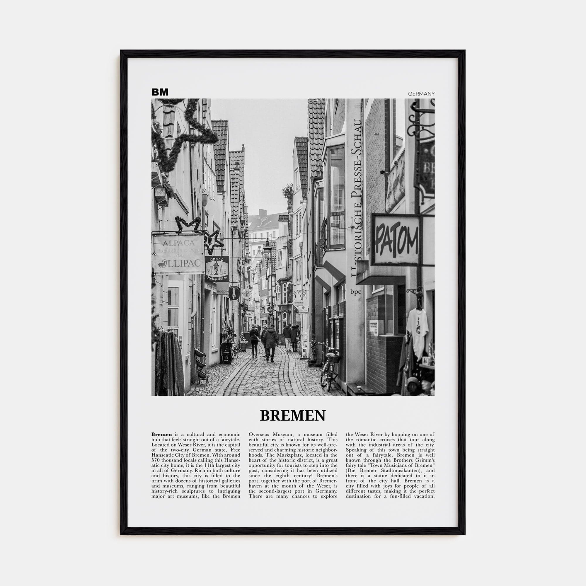 Bremen Poster Black Wood / 8x12 in Nbourhood Travel B&W Poster