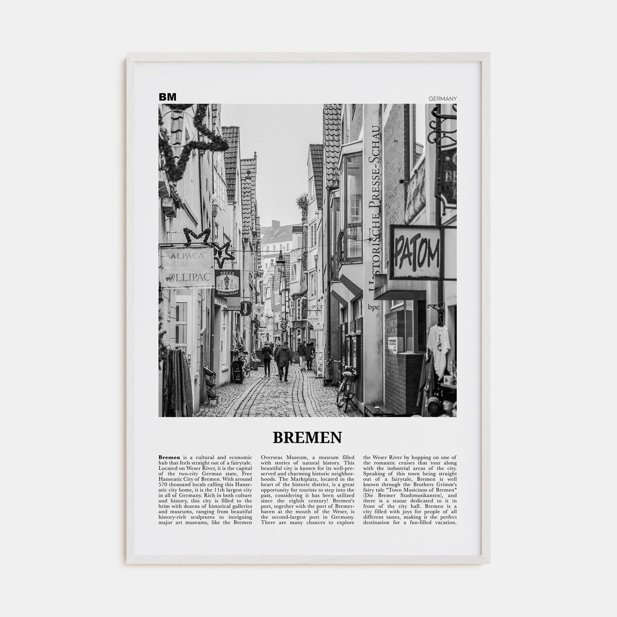 Bremen Poster White Wood / 8x12 in Nbourhood Travel B&W Poster