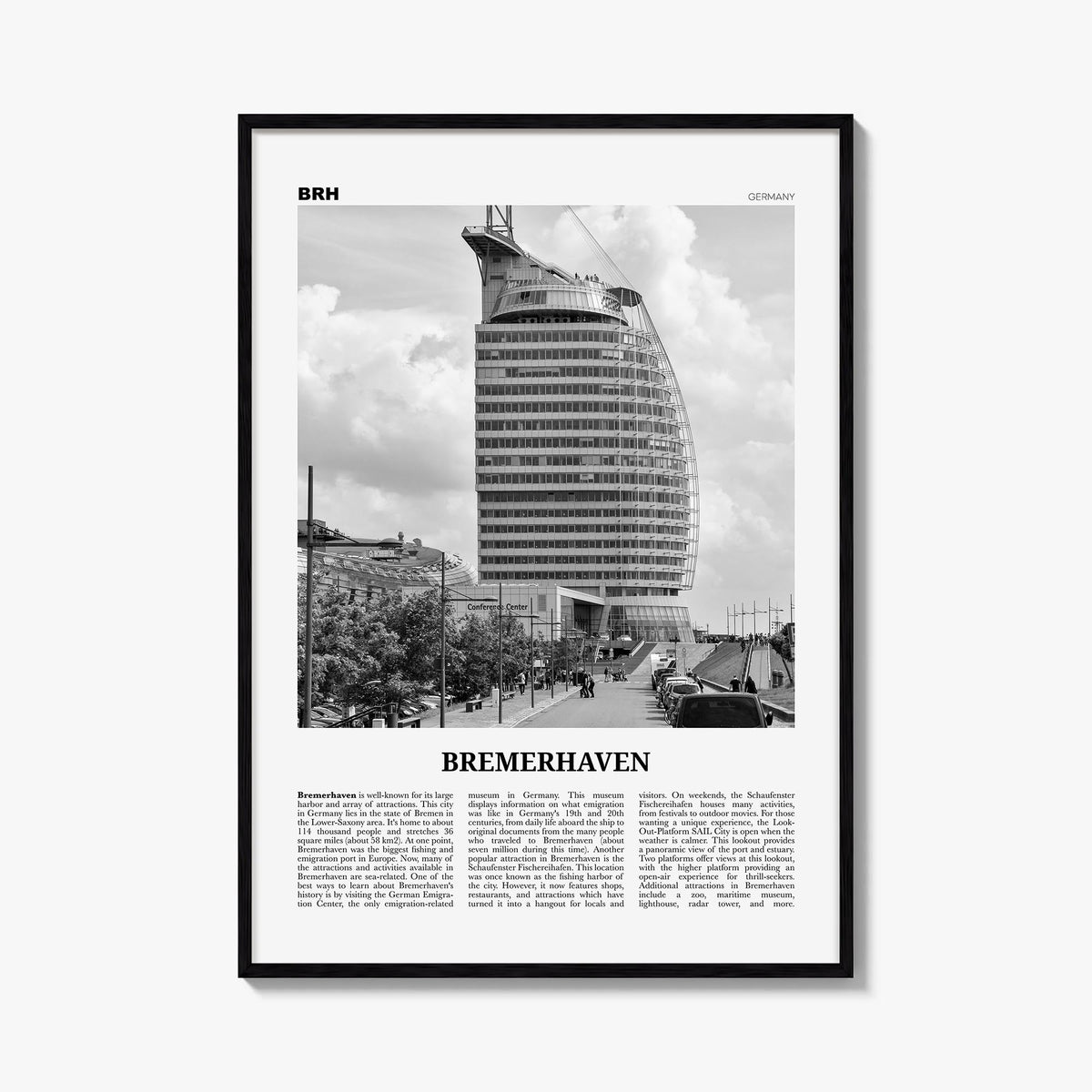 Bremerhaven black & white newspaper poster of Germany – vertical wall art, unframed print shown in interior mockup