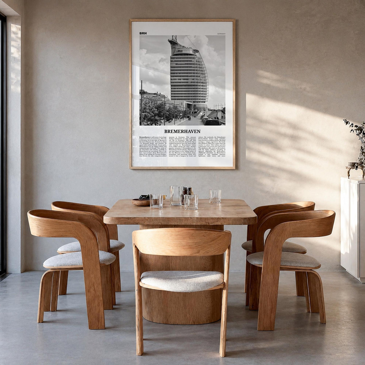 Bremerhaven black & white newspaper poster of Germany – vertical wall art in natural wood frame, hanging on wall