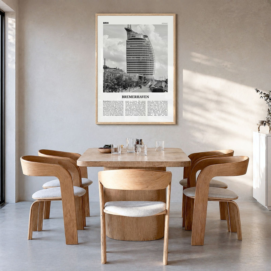 Bremerhaven Newspaper Poster in a natural wood frame, hanging in a dining room