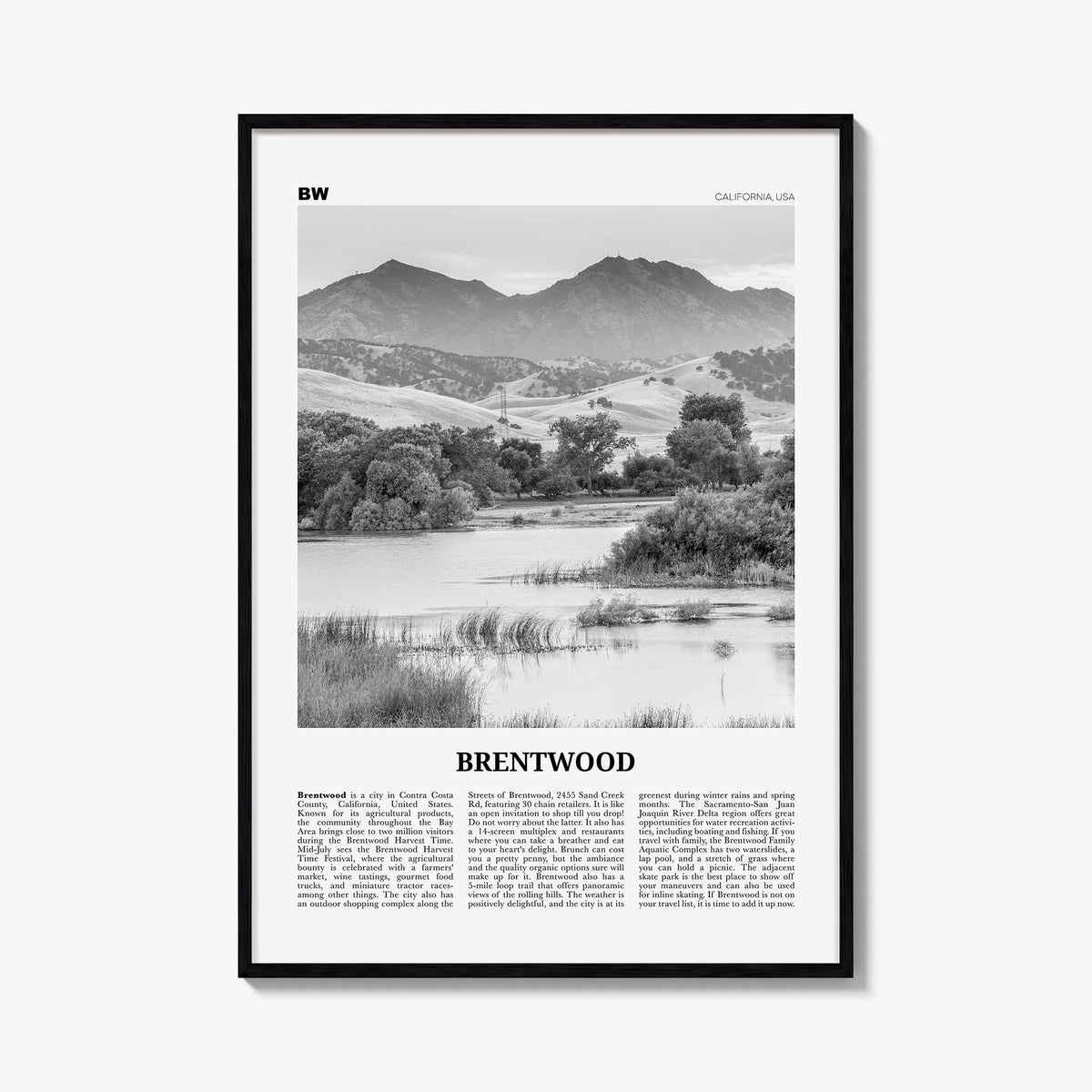 Brentwood black & white newspaper poster of New York, USA – vertical wall art, unframed print shown in interior mockup