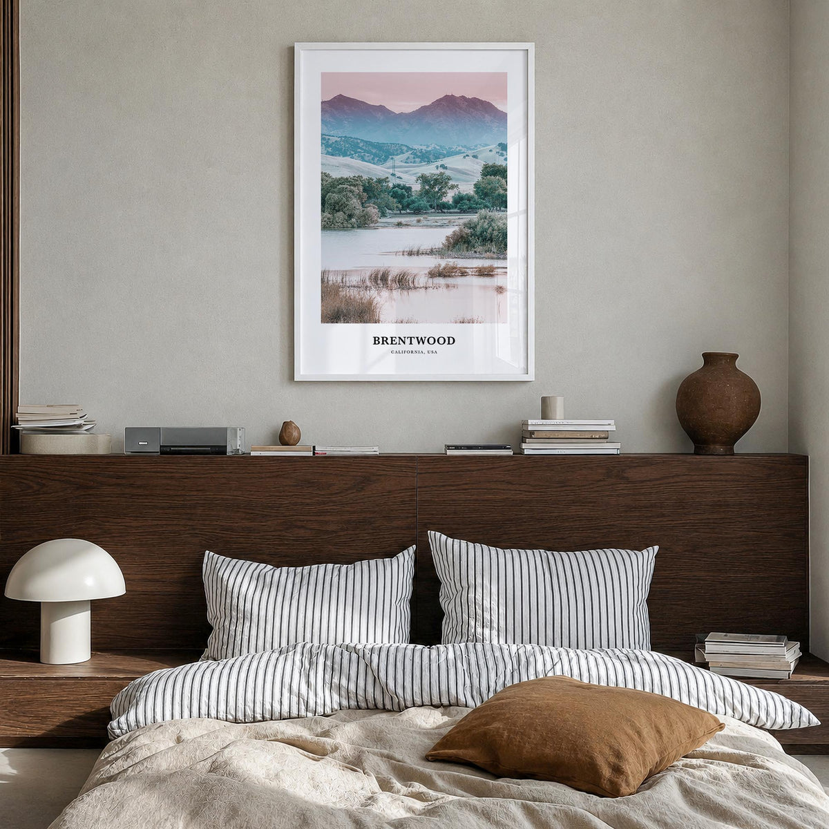 Brentwood colorful classic poster of New York, USA – vertical wall art in white wood frame, hanging on wall
