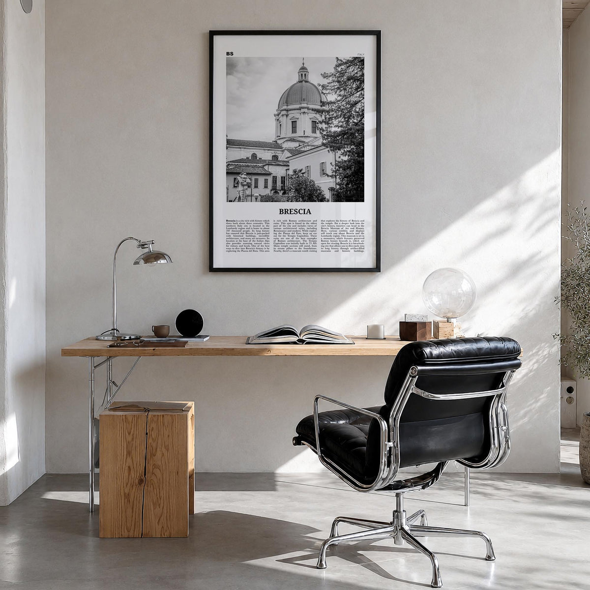 Brescia black & white newspaper poster of Italy – vertical wall art in black wood frame, hanging on wall