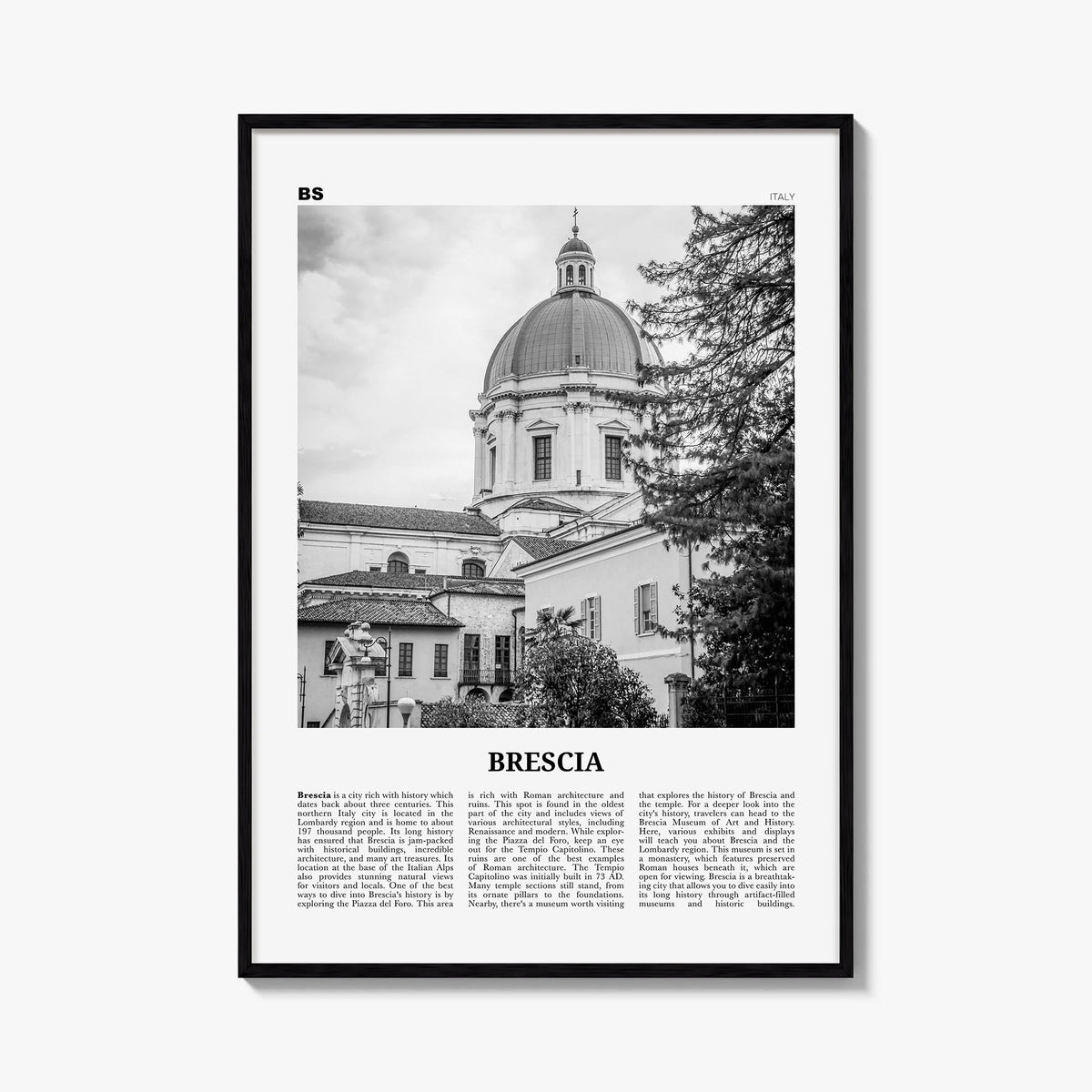 Brescia black & white newspaper poster of Italy – vertical wall art, unframed print shown in interior mockup