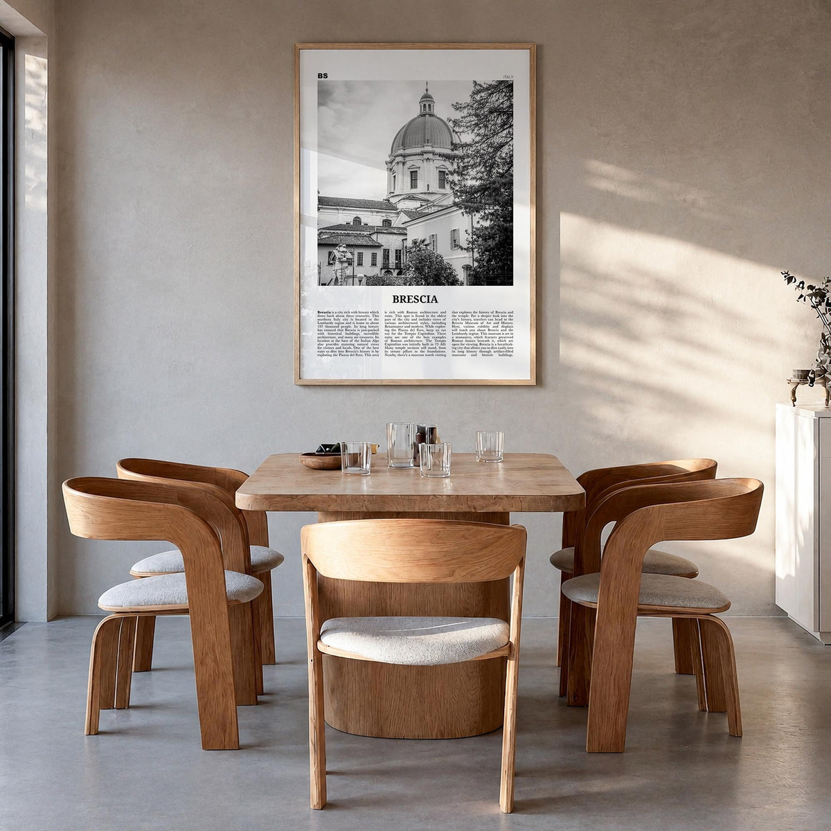 Brescia black & white newspaper poster of Italy – vertical wall art in natural wood frame, hanging on wall