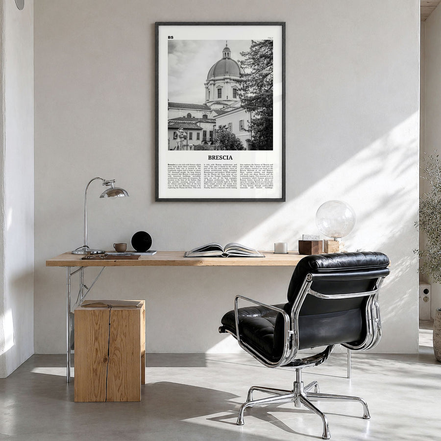 Brescia Newspaper Poster in a black wood frame, hanging in a bright home office