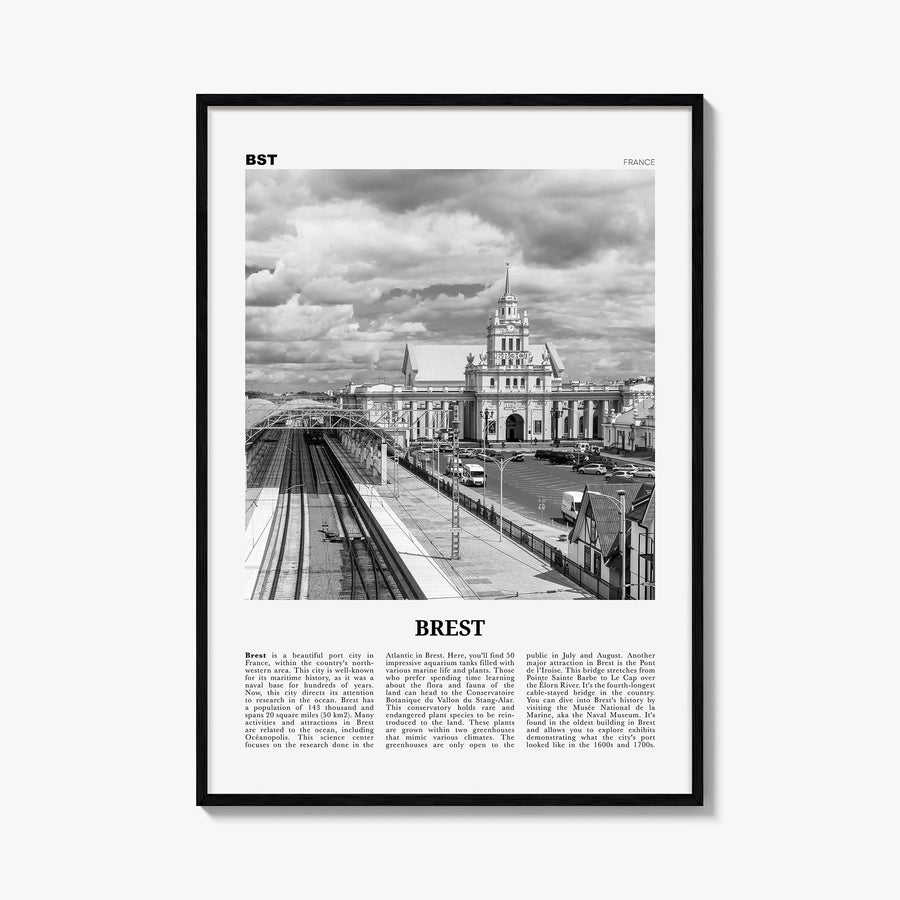 Brest black & white newspaper poster of Belarus – vertical wall art, unframed print shown in interior mockup
