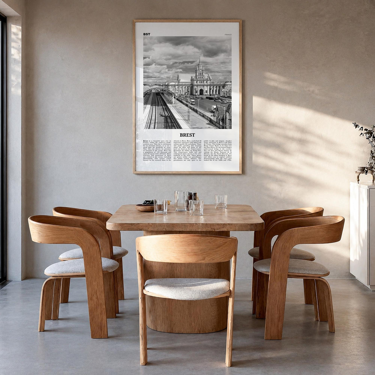 Brest black & white newspaper poster of Belarus – vertical wall art in natural wood frame, hanging on wall