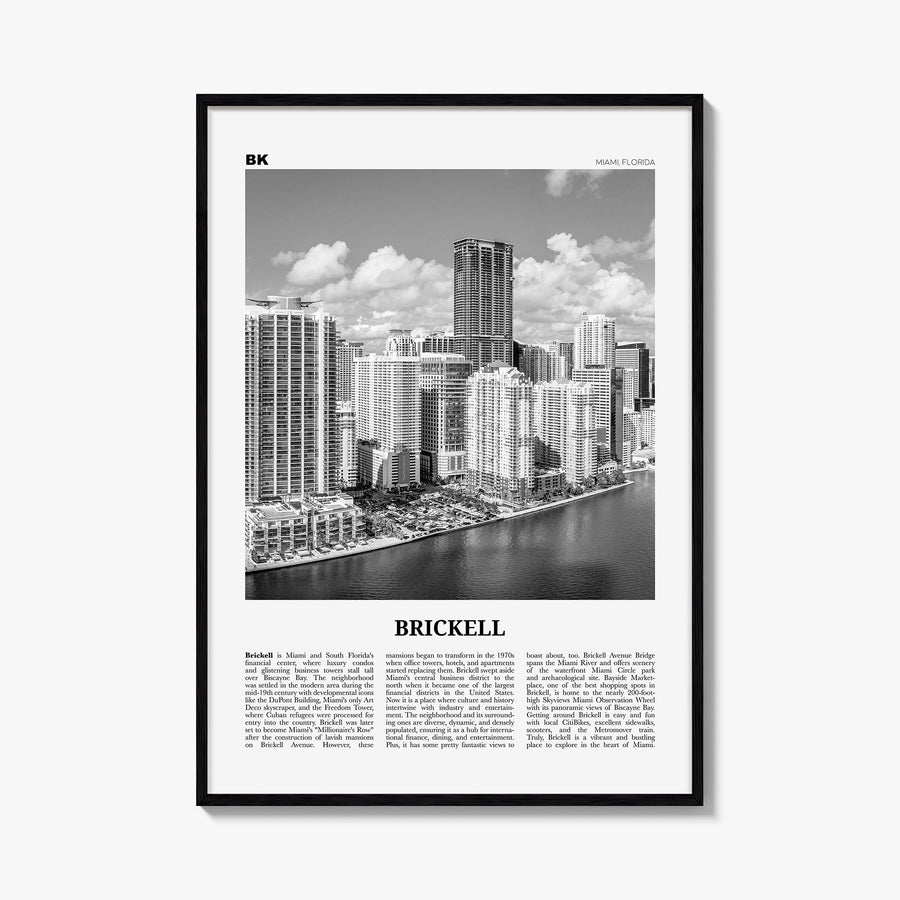 Brickell black & white newspaper poster of Miami, Florida – vertical wall art, unframed print shown in interior mockup