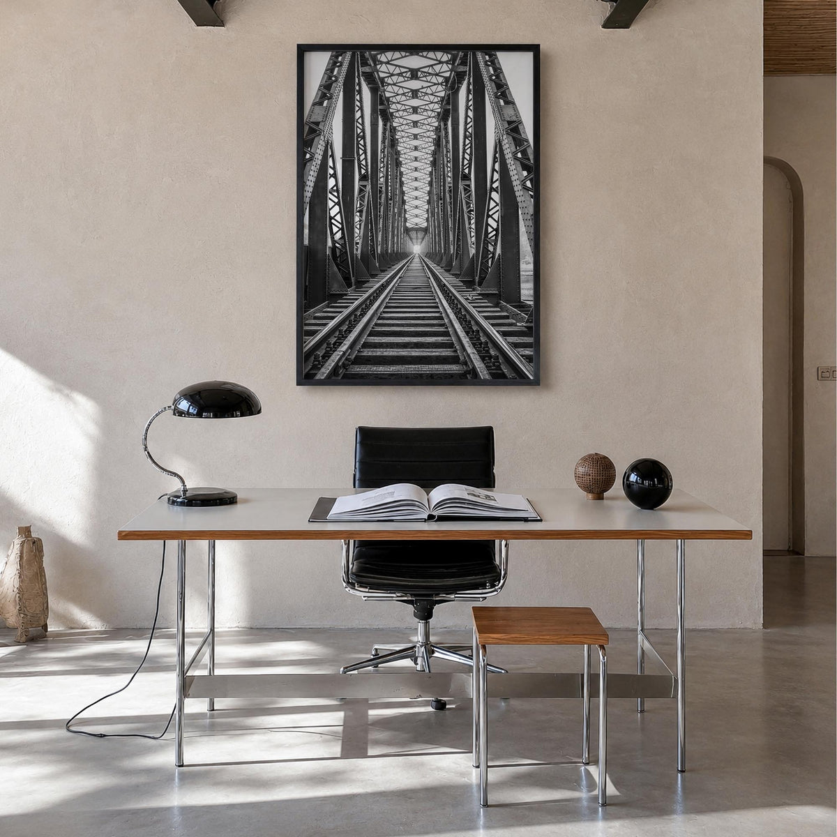 Bridge black & white photo poster – vertical wall art in black wood frame, hanging on wall
