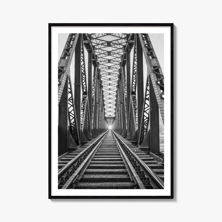 Bridge black & white photo poster – vertical wall art, unframed print shown in interior mockup